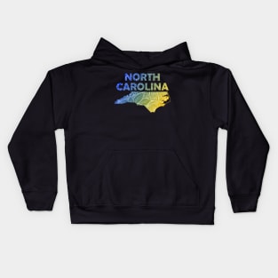 Colorful mandala art map of North Carolina with text in blue and yellow Kids Hoodie